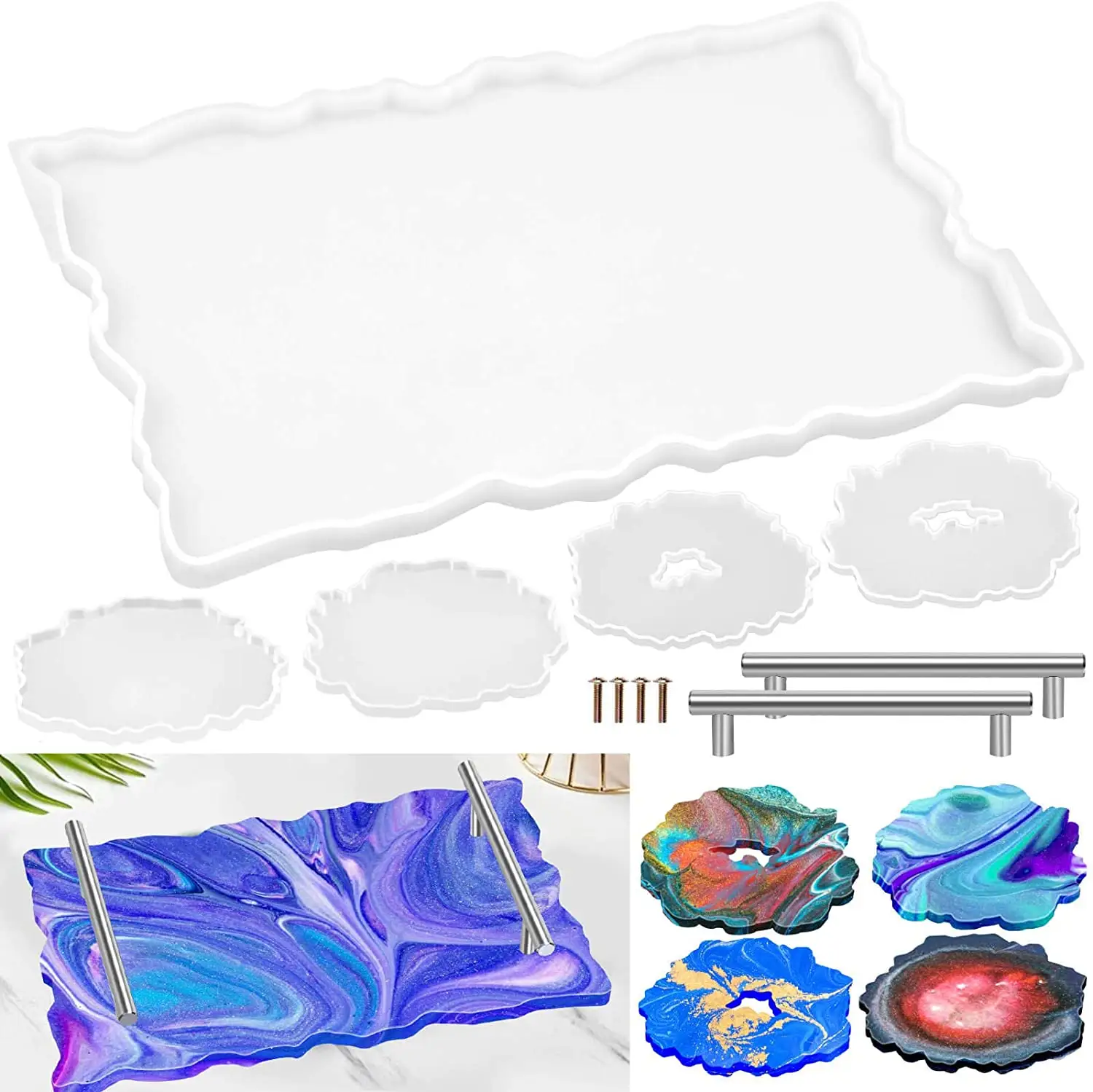 Resin Tray Mould Set 1Pc Resin Tray Mould Kommen Sie mit 4 Stück Untersetzer Formen und 2 Stück Silber Griffe DIY Home Decoration