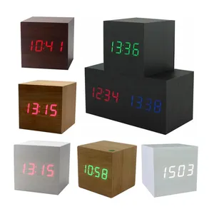 Relógio de mesa digital led mdf com controle de voz, bateria aaa, carregador usb, relógio de mesa com temperatura, cubo quadrado, madeira, despertador