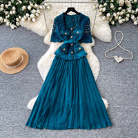 Robe longue décontractée élégante pour femme WIWT, avec empiècements en dentelle, plissée, coupe trapèze, manches courtes, ceinture et taille haute, idéale pour le quotidien et les soirées.