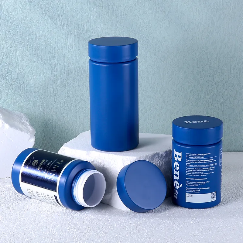Botol pil kapsul medis kosong hewan peliharaan kustom 100ML 120ML 180ML plastik biru suplemen Vitamin botol bulat tutup sekrup mulut lebar