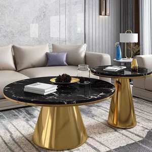 Table basse ronde de table en pierre de marbre fritté brillant noir blanc personnalisé moderne avec base sur pied pour meubles de salon - Product Image 3