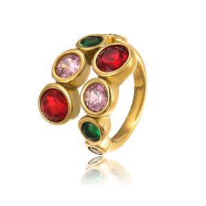Anillos Abiertos de Circonita Redonda Colorida con Personalidad, Anillo de Compromiso y <span class=keywords><strong>Boda</strong></span> de Acero Inoxidable Chapado en Oro para Mujer - Product Image 4