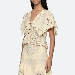 Ensemble robe et haut élégant sur mesure avec broderie florale OEM, luxueux ensemble deux pièces en lin et coton - Product Image 2