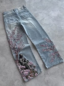 <span class=keywords><strong>Jeans</strong></span> Neri Vintage a Gamba Dritta Oversize per <span class=keywords><strong>Uomo</strong></span>, Lavaggio Acido, Ricamo 3D, Design Hip Hop Invernale - Product Image 4
