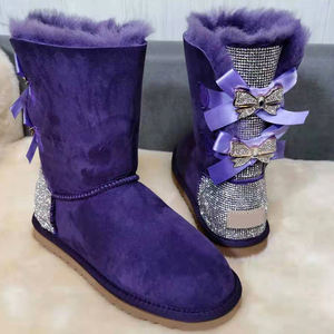 2026 Factory New Fashion Girls Customized Logo Diamond Shinning Warm Winter Women's Medium Snow Boots Sheepskin Boots With Bow - Product Image 2