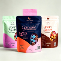 Op maat gemaakte bedrukte chocoladeverpakkingen, staande pouches met ziplock sluiting, herbruikbaar, food grade, voor snoep en snacks, met venster.