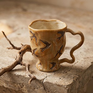 Vintage Tan Ceramic Coffee Mug Swallow Pattern Wavy Handle Heat Resistant Stoneware Tea Cup - Product Image 6