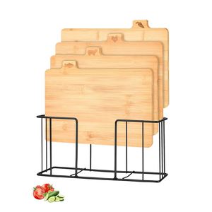 Ensemble de 4 planches à découper en bambou naturel écologiques pour la cuisine avec support métallique, logo personnalisé, icônes alimentaires, forme rectangulaire - Product Image 1