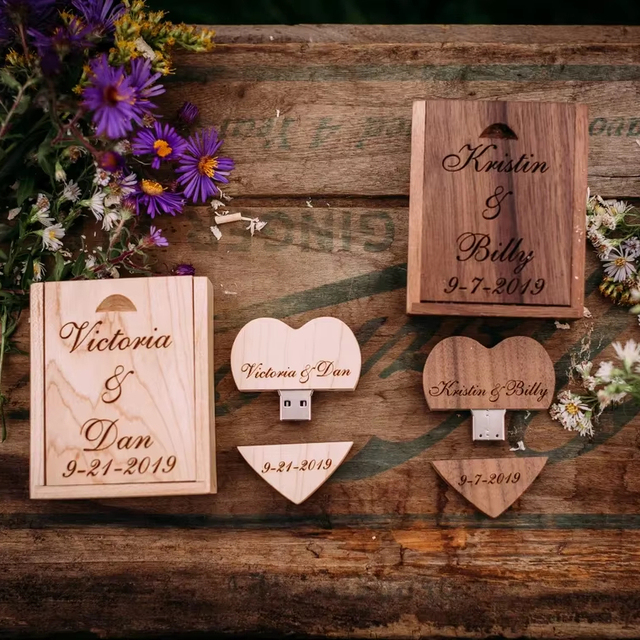 JUNJI Heart Shaped USB Flash Drive Engraved Personalized Wedding Box Set Style Love Patterns Card and Model for Home Use