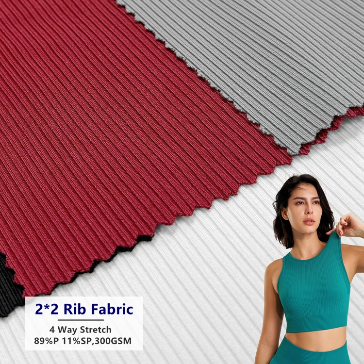 Quick-dry 4 Way Stretch 89% Polyester 11% Spandex Knitted Custom 2*2 Sports Rib Fabric For Yoga Bra Leggings