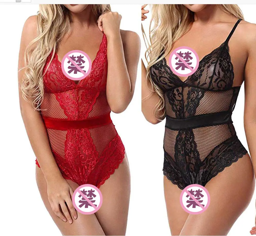 Setelan Pakaian Dalam Tubuh Kerah V Dalam Satu Potong, Lingerie Hari Valentine, Bodysuit Renda Hollow Out Teddy Natal