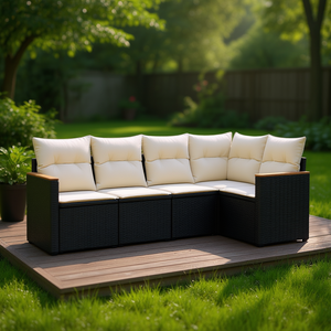 Cream White And Black <b>Rattan</b> Garden <b>Sofa</b> Set With Cushions 6 Seater Outdoor Furniture Contemporary Design - Product Image 2
