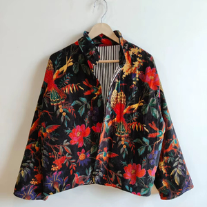 Chaqueta Bomber de Terciopelo con Estampado de Pájaro Negro, Reversible y Transpirable, Ecológica, Relleno 100% Algodón, Corta, Lista para el Invierno - Product Image 1