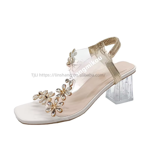 Summer New Roman Elastband Sandals Crystal Coarse Heel <b>Open</b> Toe Back Counter Fairy Rhinestone Flower for Outdoor Use - Product Image 3