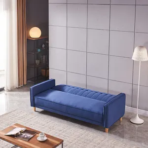 Sofá moderno de cuero azul, cama pequeña para sala de estar