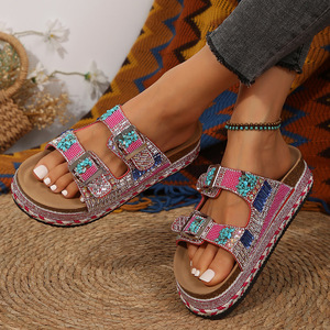 Sandali da donna grandi con doppio strass, ciabatte da spiaggia in sughero, scarpe da donna in PU - Product Image 6