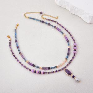 Collar con Colgante de Doble Capa de Amatista y Perla de Diseño Chic para Mujer, con Cuentas Incrustadas a la Moda - Product Image 3