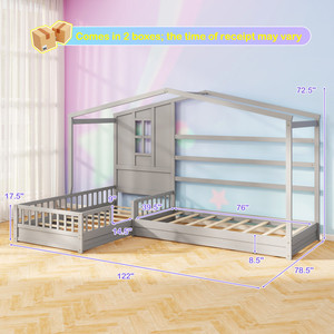 L-shaped <strong>Double</strong> Twin Children <strong>Beds</strong> House <strong>Platform</strong> <strong>Beds</strong> with Fences Corner <strong>Bed</strong> Frame Gray - Product Image 3