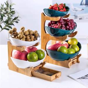 Corbeille à fruits en bambou à 3 niveaux avec bol à fruits en céramique pour fruits, pain, légumes, collations - Product Image 2