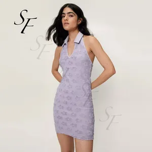 Custom one piece casual skirt strapless polo pencil fitted flower embossed towel collar mini women sexy sleeveless bodycon dress
