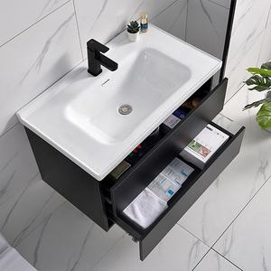 Роскошный отель настенный плавающий деревянный шкаф с одним керамическим умывальником для ванной - Product Image 3