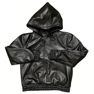 Veste à capuche en cuir Bomber élégante en tricot zippé Véritable sweat à capuche surdimensionné en cuir de haute qualité Napa doux au toucher - Product Image 1
