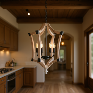 Lámpara colgante de cadena ajustable de madera con 4 luces para cocina, comedor, vestíbulo, entrada, forma cuadrada blanca - Product Image 2