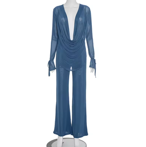 Viviblook J25ST273 Ensemble Femme Sexy Tenues d'Automne Haut Transparent à Col Montant Noué et Manches Longues avec Pantalon Ajusté - Product Image 1