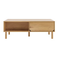 Table basse rectangulaire moderne avec tiroir et étagères ouvertes, couleur naturelle