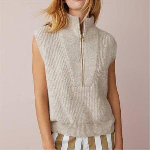 Fabricant personnalisé 1/4 fermeture éclair tricoté sans manches culture tricots laine <span class=keywords><strong>cachemire</strong></span> femmes fermeture éclair pull court <span class=keywords><strong>gilet</strong></span> pour les femmes - Product Image 2