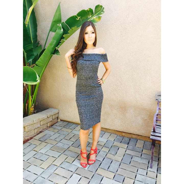 TD Classy and Sassy off the Shoulder Midi Body-Con Evening Dress Grey