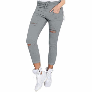 <span class=keywords><strong>Cargo</strong></span> Pantaloni Delle Donne di Modo Sottile A Vita Alta Elastica Skinny Rotto Foro Pantaloni Della Matita di Colore Solido Streetwear Pantaloni Delle Donne - Product Image 4