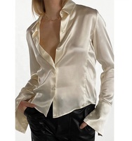 Hoch bewertete Damen-Tunika mit V-Ausschnitt, schlicht, langärmelig, lässig, aus Seidensatin, Bluse, Oberteil, Hemd