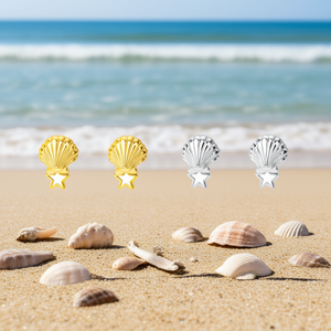 Orecchini a Cerchio con Design a Stella a Cinque Punte e Conchiglia Acero 6 Oro 6 Argento - Product Image 3