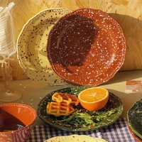 Assiette à salade ronde en céramique sous glaçure, style rétro vintage, effet éclaboussures d'encre, luxe léger, nouvelle collection 2026, pour usage domestique, compatible micro-ondes, style occidental