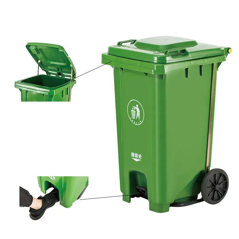 Poubelle en plastique 120L de recyclage personnalisée, poubelle à pédale écologique en HDPE pour l'extérieur, poubelle à deux roues à usage municipal bon marché