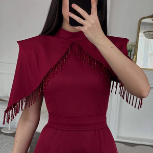 <span class=keywords><strong>Robe</strong></span> longue décontractée à manches chauve-souris, couleur unie, élégante, avec taille perlée, pour soirée, col montant, à franges, style <span class=keywords><strong>robe</strong></span> de soirée - Product Image 4