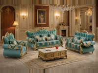 Ensemble de canapés classiques européens en tissu capitonné, cadre en bois sculpté à la main, dossier haut, accoudoirs roulés, meubles de salon
