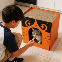 Maison pour chat à 2 niveaux en carton ondulé, personnalisable et en gros, avec fenêtre, griffoir intégré, impression de logo disponible