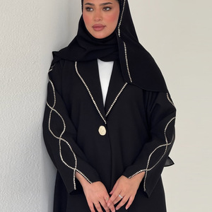 Conjunto de Kaftán Dubai con Bordado Intenso, Bata Premium con Botones, Cuello en Color Contrastante, Cardigan y <span class=keywords><strong>Pañuelo</strong></span> para la <span class=keywords><strong>Cabeza</strong></span>, Vestido Abaya Marroquí para la Noche - Product Image 1