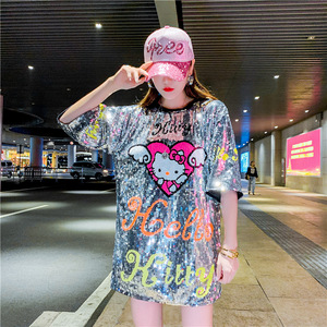 Abito Personalizzato da Donna con Paillettes Nere Mickey, Vestito a <span class=keywords><strong>Maniche</strong></span> <span class=keywords><strong>Corte</strong></span> in Jersey con Paillettes, Camicetta - Product Image 1