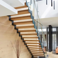 Escalier en métal industriel commercial de conception moderne personnalisé, escalier en verre intérieur résidentiel, poutre en acier, bois, en forme de L, droit