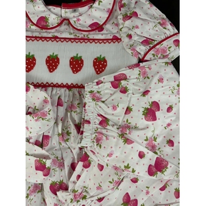 Robes smockées brodées à la main de style boutique de haute qualité pour filles, motif fraise, été, jolies robes en coton à pois, style Bishop - Product Image 6