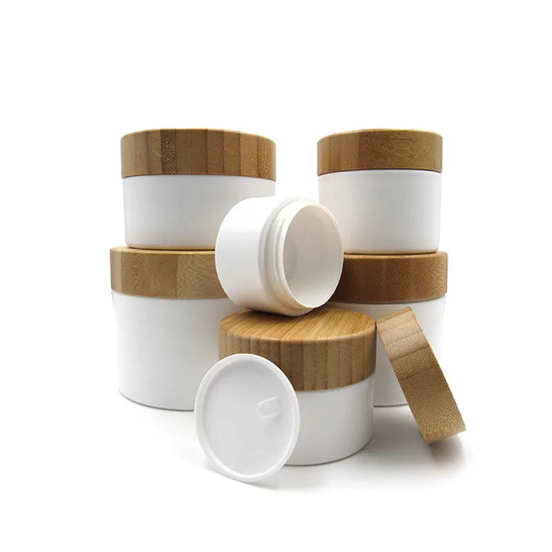 Wadah krim mentega kosmetik kosong, wadah plastik buram putih dengan tutup bambu 30g 50g 100g 8oz 250ml
