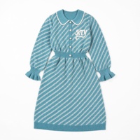 Robe pull en tricot sur mesure pour femmes grandes tailles, col Peter Pan, rayures jacquard, poignets à volants, demi-boutons, ceinture, robe midi