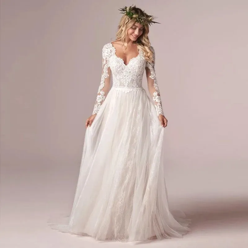 2023 Tulle Lace Long Ivory Vestido De Novia Open Back Plus Size A Line Long Sleeve Wedding Dresses Elegant