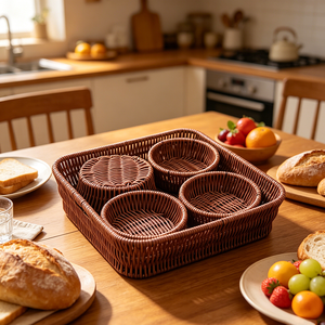 Panier en rotin avec 4 petits paniers ronds séparables, conteneur <span class=keywords><strong>de</strong></span> service multi-compartiments pour <span class=keywords><strong>fruits</strong></span> secs, noix, collations, bonbons - Product Image 3