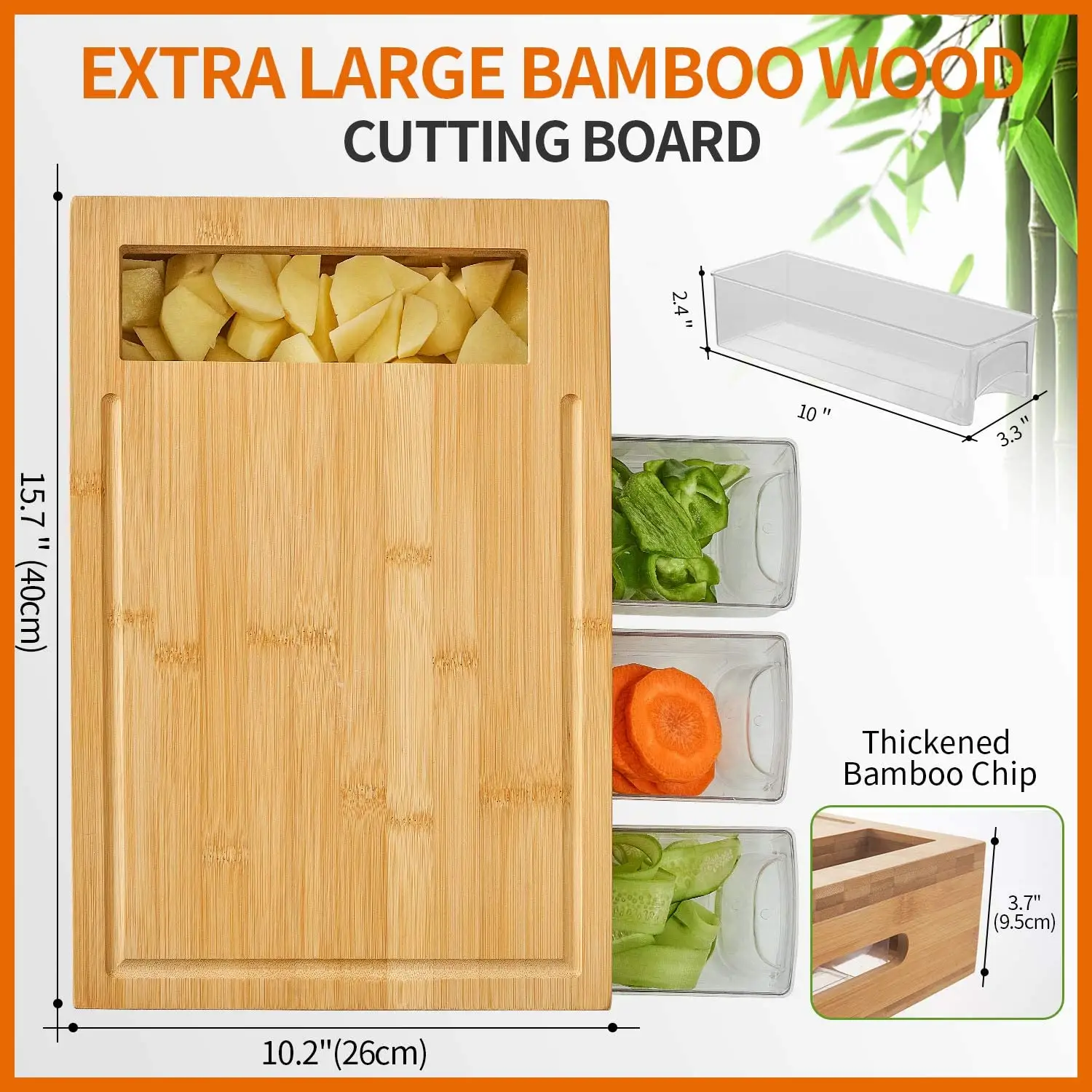 Bamboo Cutting Board 4 Containers Organic Thick Strong Bamboo Cutting Board Large Cutting Board With Juice Grooves Carving Board With Trays For Food