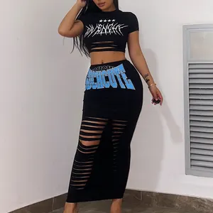 Summer Women Rave Clothing Y2K Outfits Hollow Out Crop Top And Vintage High Street Long Skirt 2 Piece Set