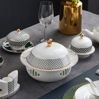 Service de table élégant en porcelaine fine - Motif quadrillé vert avec bordure dorée, vaisselle de mariage et assiettes de restaurant